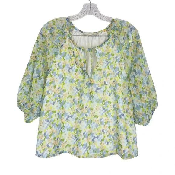 A&F Floral Sheer Tunic Blouse Small Multicolor Puff Short Sleeve Tie Front Lined - Picture 1 of 6